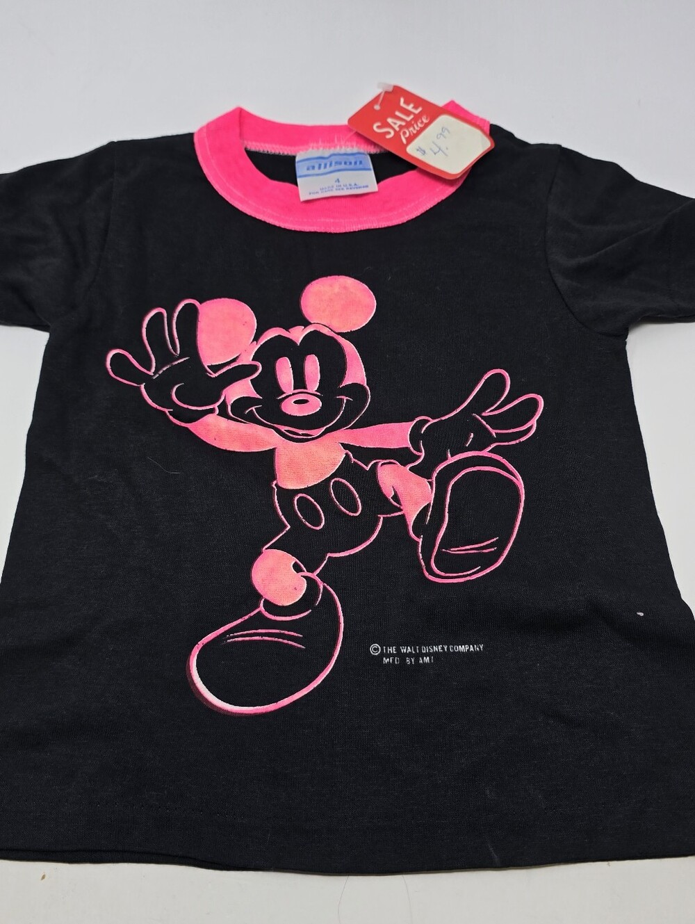 Vintage Disney Mickey Mouse 80s Toddler 4 Single Stitch Black Neon Kids Tshirt